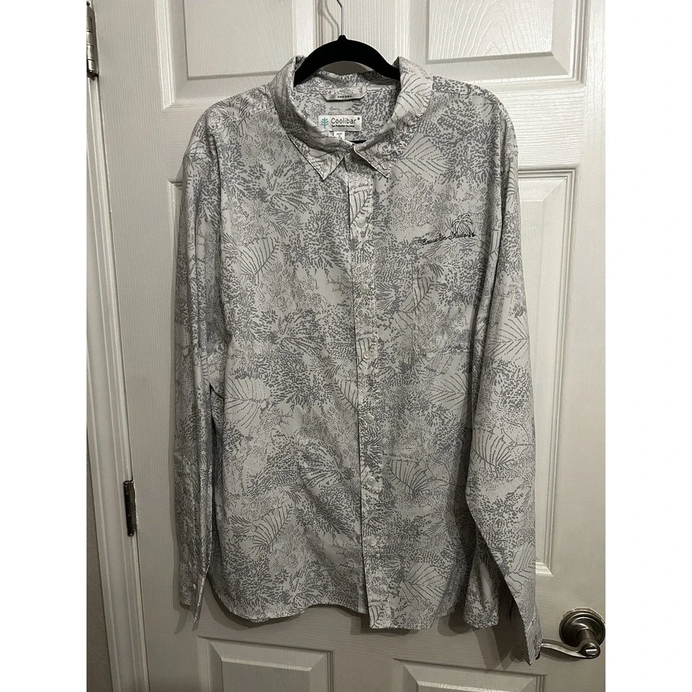 Coolibar Mens XXL Aricia Sun Shirt Button Down Long Sleeve‎ Gray Palm UPF 50+